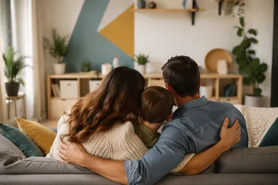 Happy Family Hug in Cozy Living Room