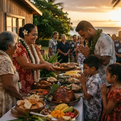 Hawaiian Family Feast in Garden at Sunset