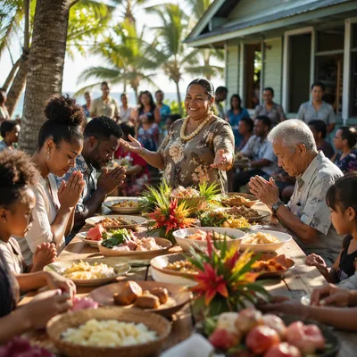Tropical Community Feast in Garden Courtyard
