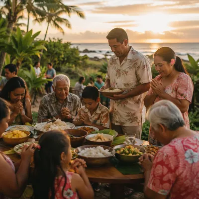 Tropical Outdoor Family Feast at Sunset