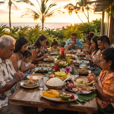 Tropical Outdoor Family Feast at Sunset