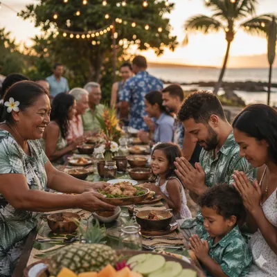 Tropical Seaside Community Feast at Sunset
