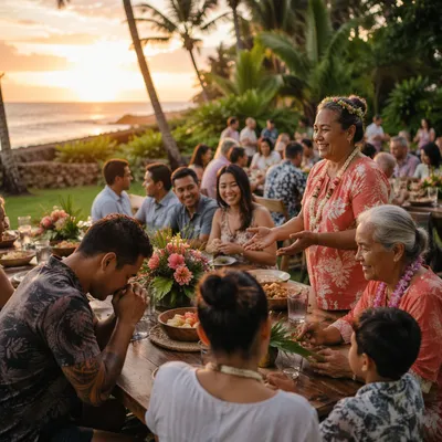 Tropical Outdoor Family Feast at Sunset