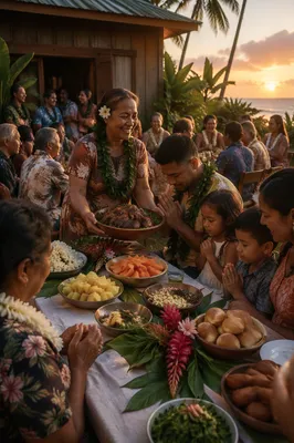 Hawaiian Families Sharing Outdoor Sunset Feast
