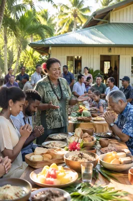 Tropical Community Feast in Garden Courtyard