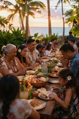 Tropical Outdoor Family Feast at Sunset