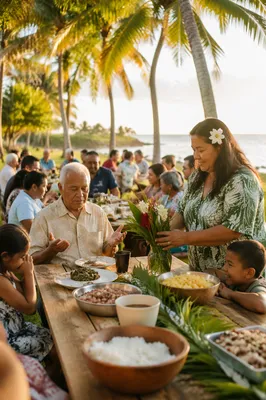 Hawaiian Families Sharing Outdoor Coastal Feast