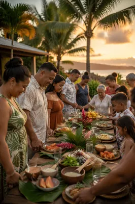 Tropical Outdoor Family Feast at Sunset