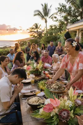 Tropical Outdoor Community Feast at Sunset