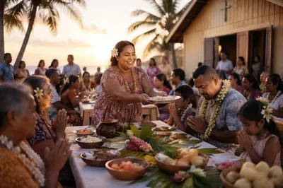 Hawaiian Family Feast in Garden at Sunset