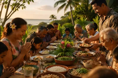 Tropical Outdoor Community Feast at Sunset