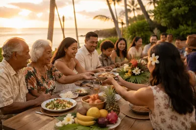 Tropical Outdoor Community Feast at Sunset