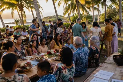 Tropical Community Feast Under Palm Trees