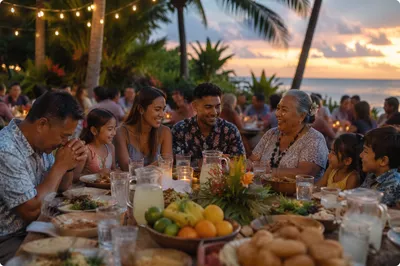 Tropical Outdoor Community Feast at Sunset