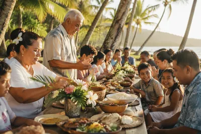 Tropical Community Feast Under Palm Trees