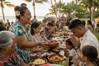 Tropical Seaside Community Feast at Sunset