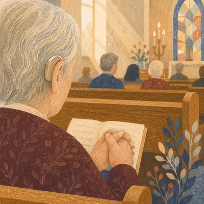 Older Adult with Hearing Aid in Pew