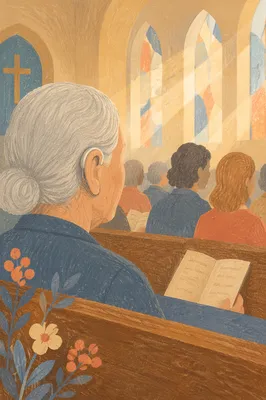 Older Person with Hearing Aid in Pew