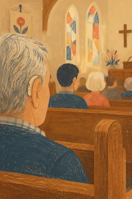 Older Adult Hearing Aid in Church