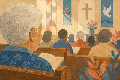 Older Person with Hearing Aid in Pew