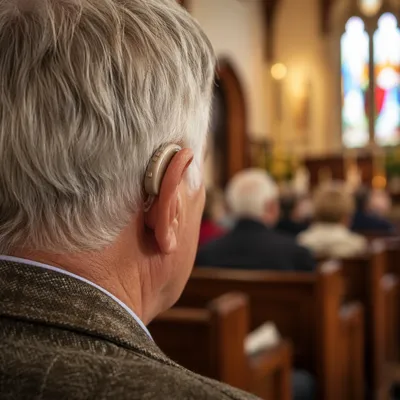 Older Adult Hearing Aid in Church