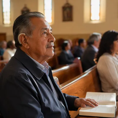 Older Man Listening in Church Pew