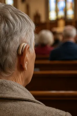 Older Adult Hearing Aid in Church