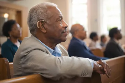 Older Man Listening in Bright Hall