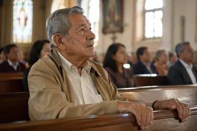Elderly Man Listening in Church Pew