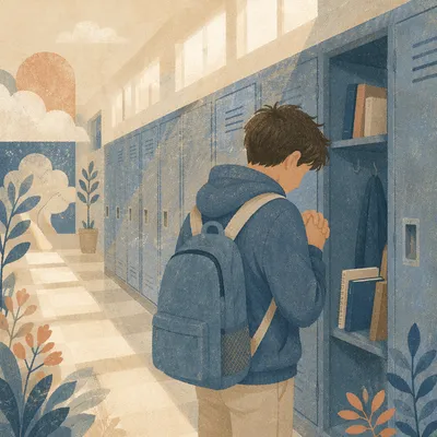 Student Praying Quietly at School Locker