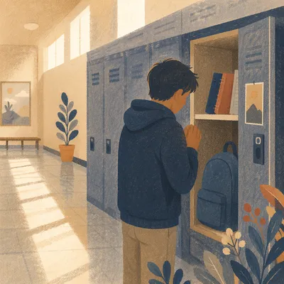 Student Praying Quietly at School Locker