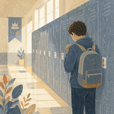 High School Student Praying by Lockers