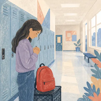 High School Student Praying by Lockers