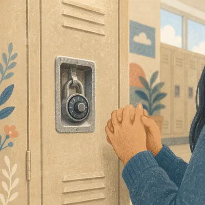 High School Student Praying by Locker