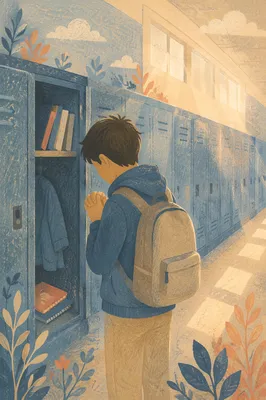Teen Student Praying by School Locker