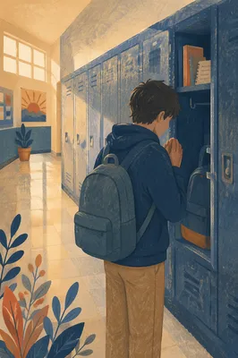 High School Student Praying at Locker