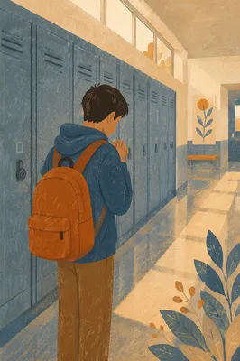 High School Student Praying by Lockers