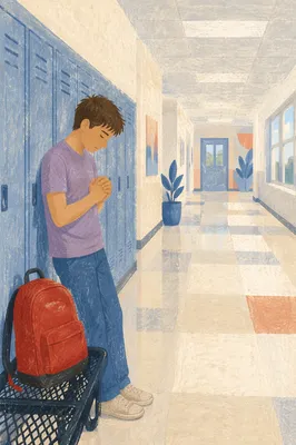 High School Student Praying by Lockers