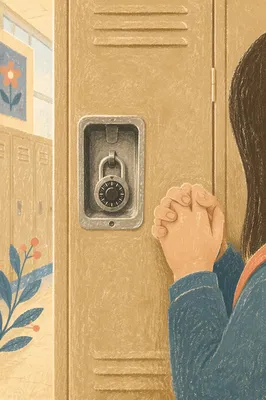 High School Student Praying by Locker
