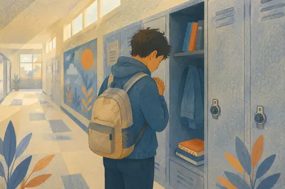 High School Student Praying at Locker