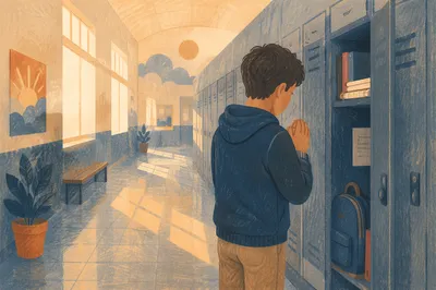 Teen Student Praying by School Locker
