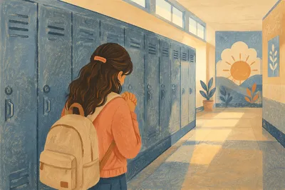 High School Student Praying by Lockers
