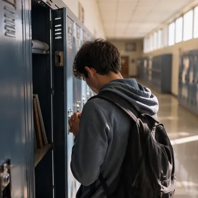 Teen Student Praying at School Locker