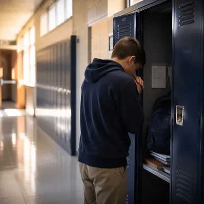 High School Student Praying at Locker