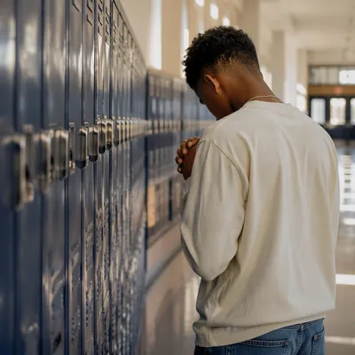 High School Student Praying by Lockers