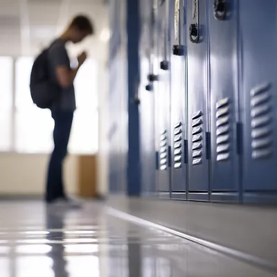Student Praying by Lockers Before Class