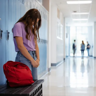High School Student Praying by Lockers