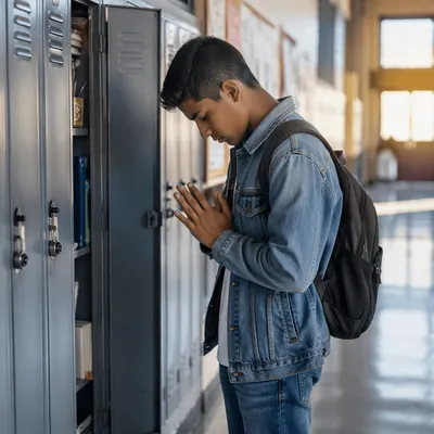 Teen Boy Praying at School Locker