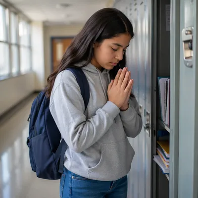 High School Student Praying at Locker