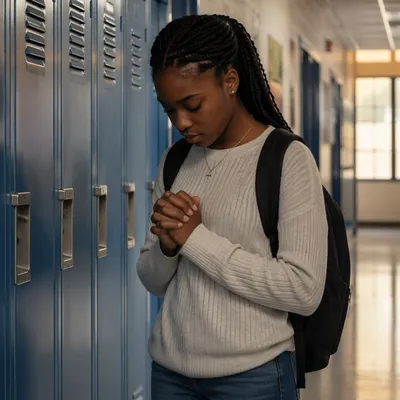 High School Student Praying by Lockers